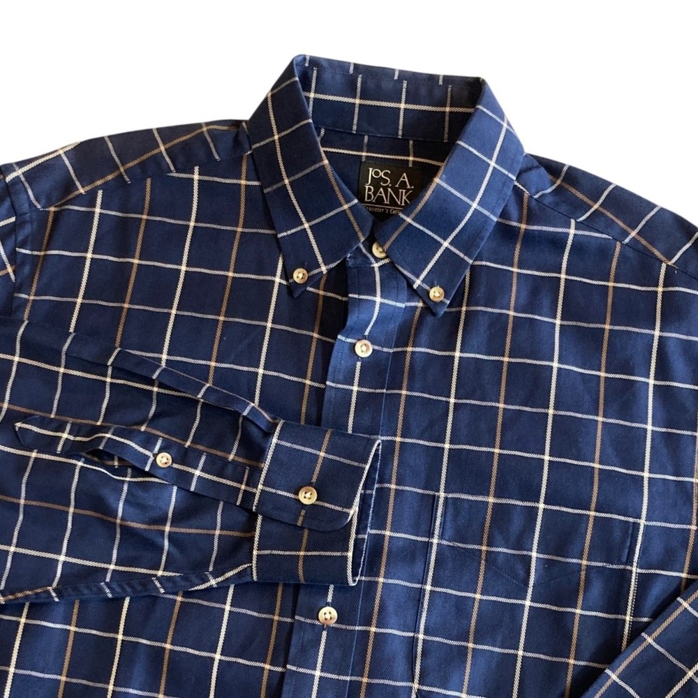 Jos. A. Bank Mens M Navy Blue Windowpane Plaid Button Down Shirt Classic Preppy